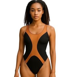 SOLADO SWIMSUIT WOMEN MEDIUM BLACK‎ NUDE MESH HIGH CUT CHEEKY SEXY ONE PIECE